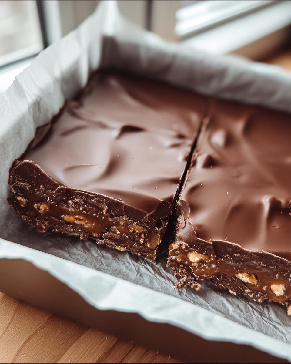 Close-up of sliced Classic Christmas Toffee in a parchment-lined pan, showing layers of chocolate and nuts.