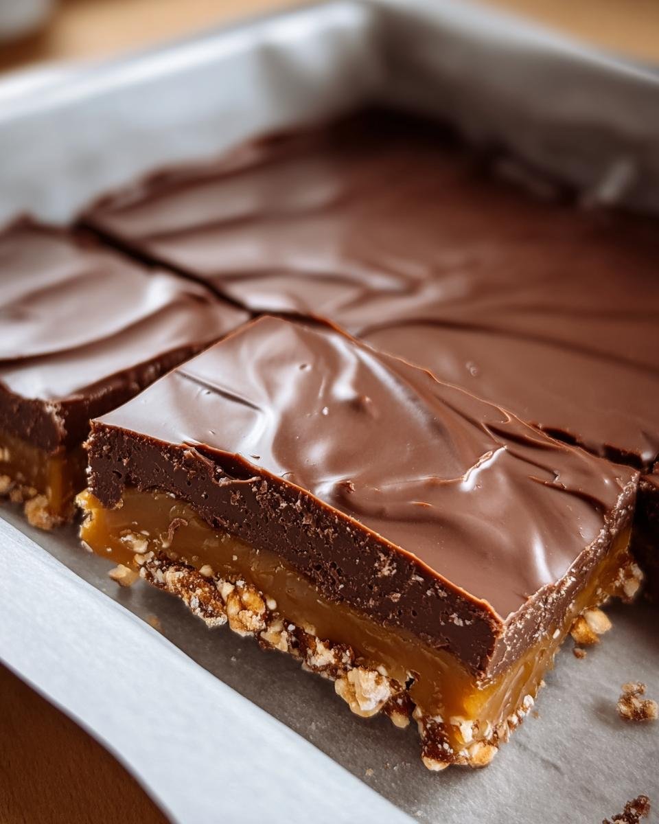 Close-up of delicious Classic Christmas Toffee squares with chocolate, caramel, and nuts.