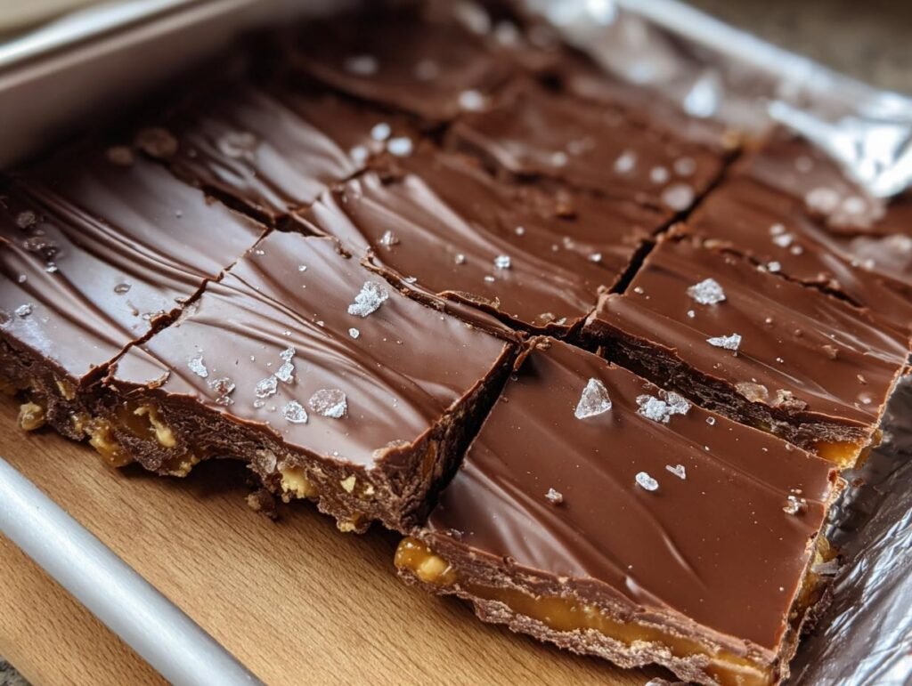 Close-up of squares of Classic Christmas Toffee, topped with chocolate and sea salt flakes.