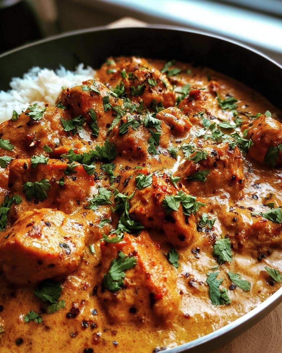 Close-up of Coconut Chicken Tikka Masala served with rice, garnished with fresh cilantro.