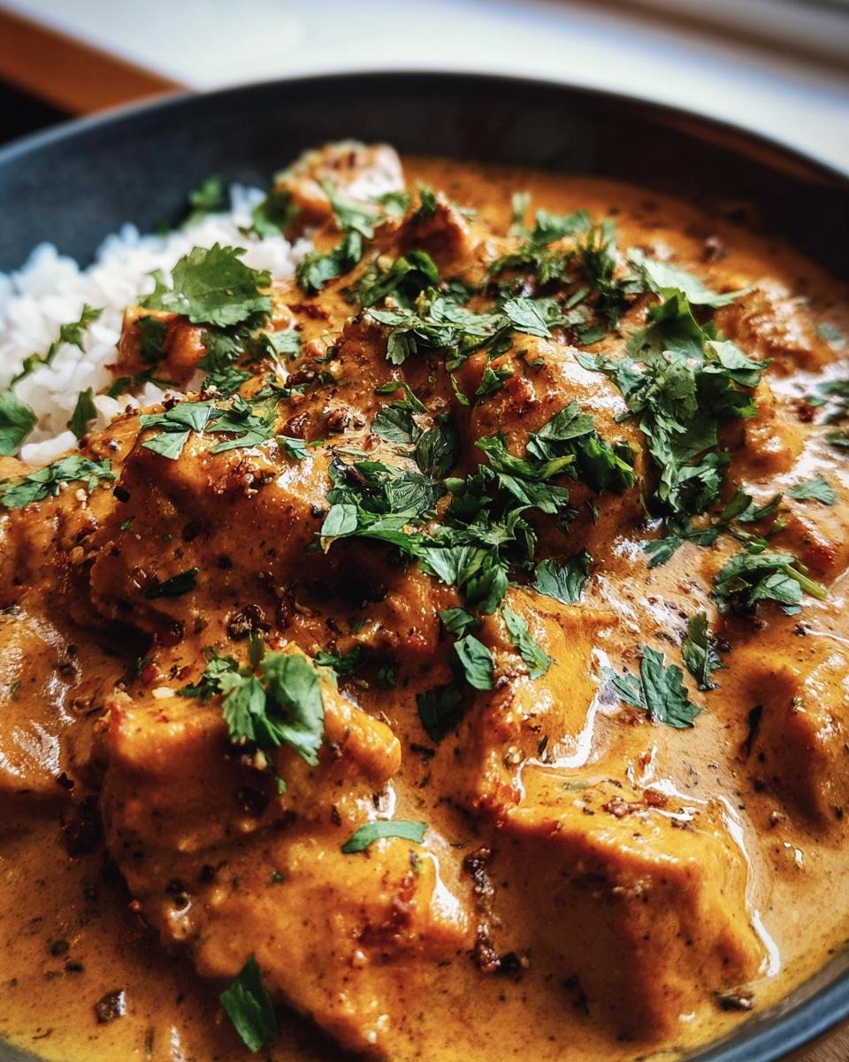 A bowl of creamy Coconut Chicken Tikka Masala with rice, garnished with fresh cilantro.