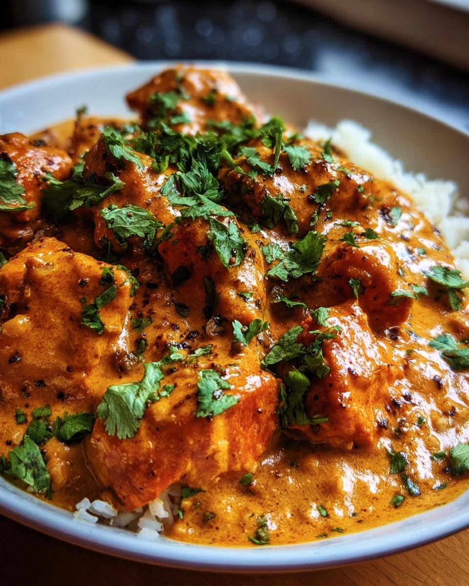 A bowl of creamy Coconut Chicken Tikka Masala served over rice and garnished with fresh cilantro.