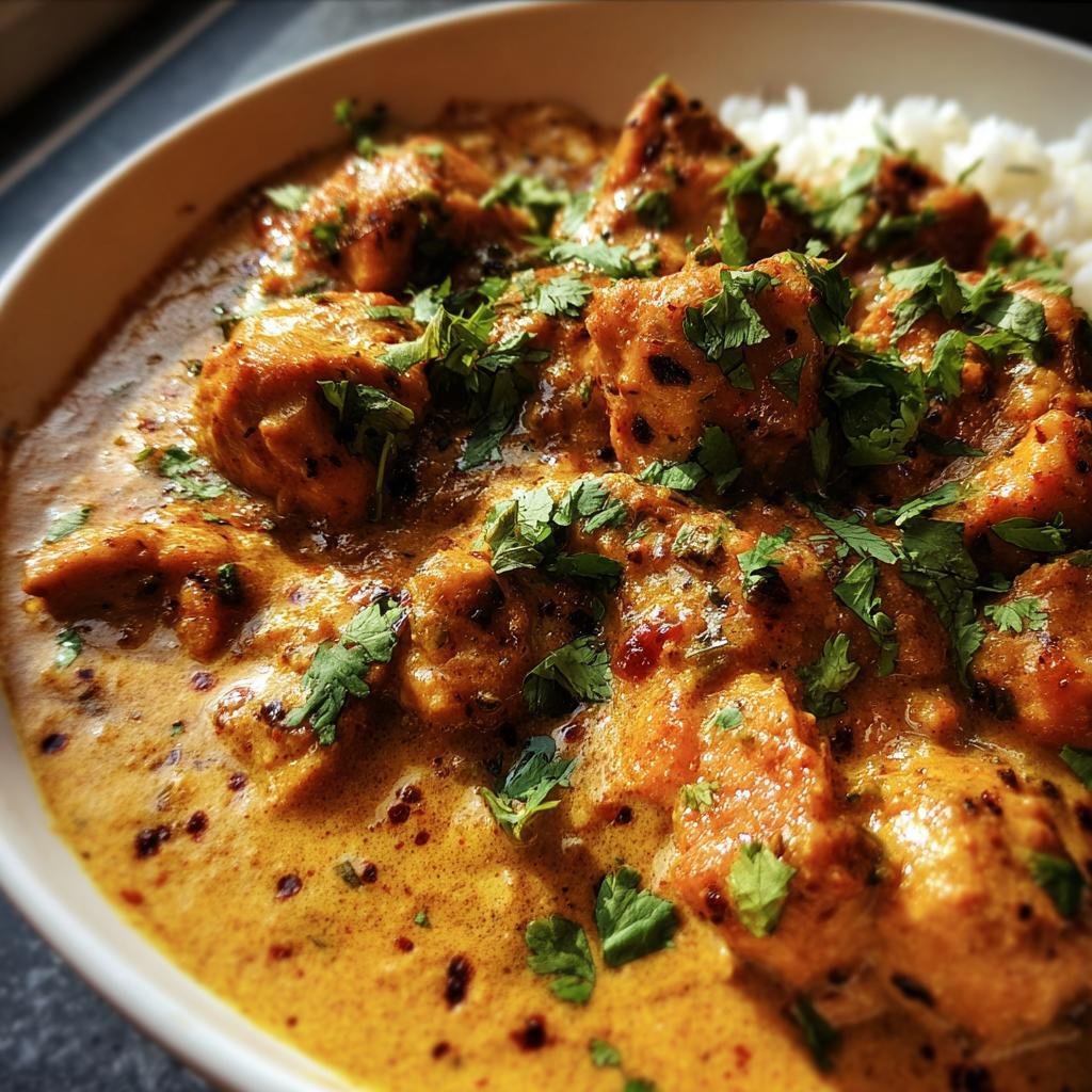 A bowl of creamy Coconut Chicken Tikka Masala with rice, garnished with fresh cilantro.