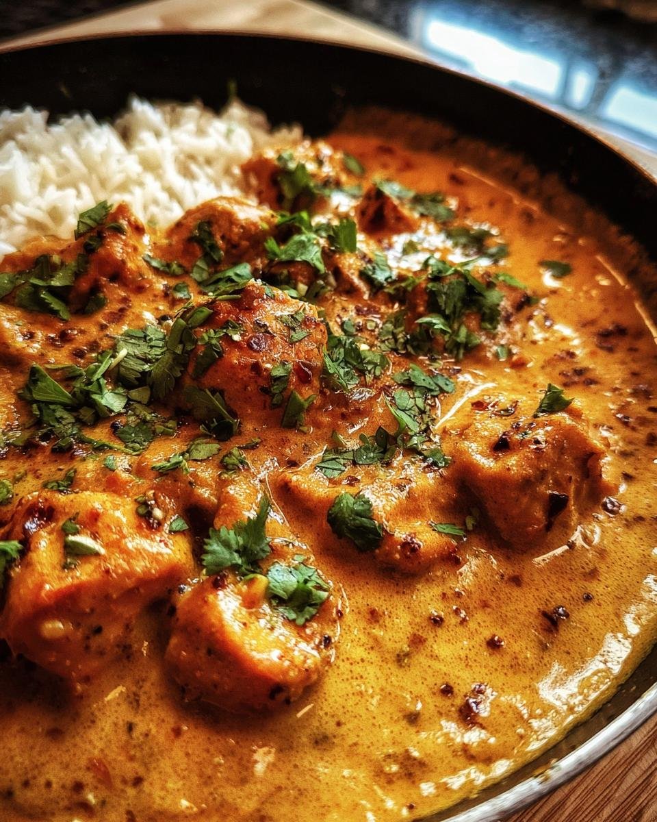 Close-up of Coconut Chicken Tikka Masala served with white rice and garnished with fresh cilantro.