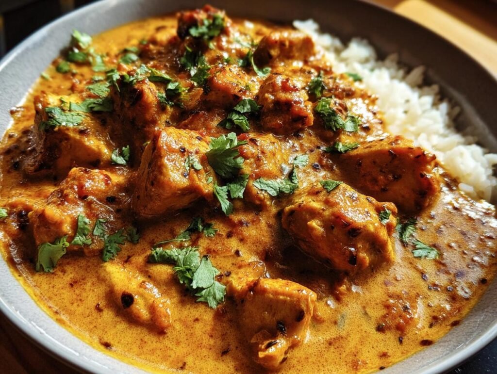 Close-up of Coconut Chicken Tikka Masala served over rice, garnished with fresh cilantro.