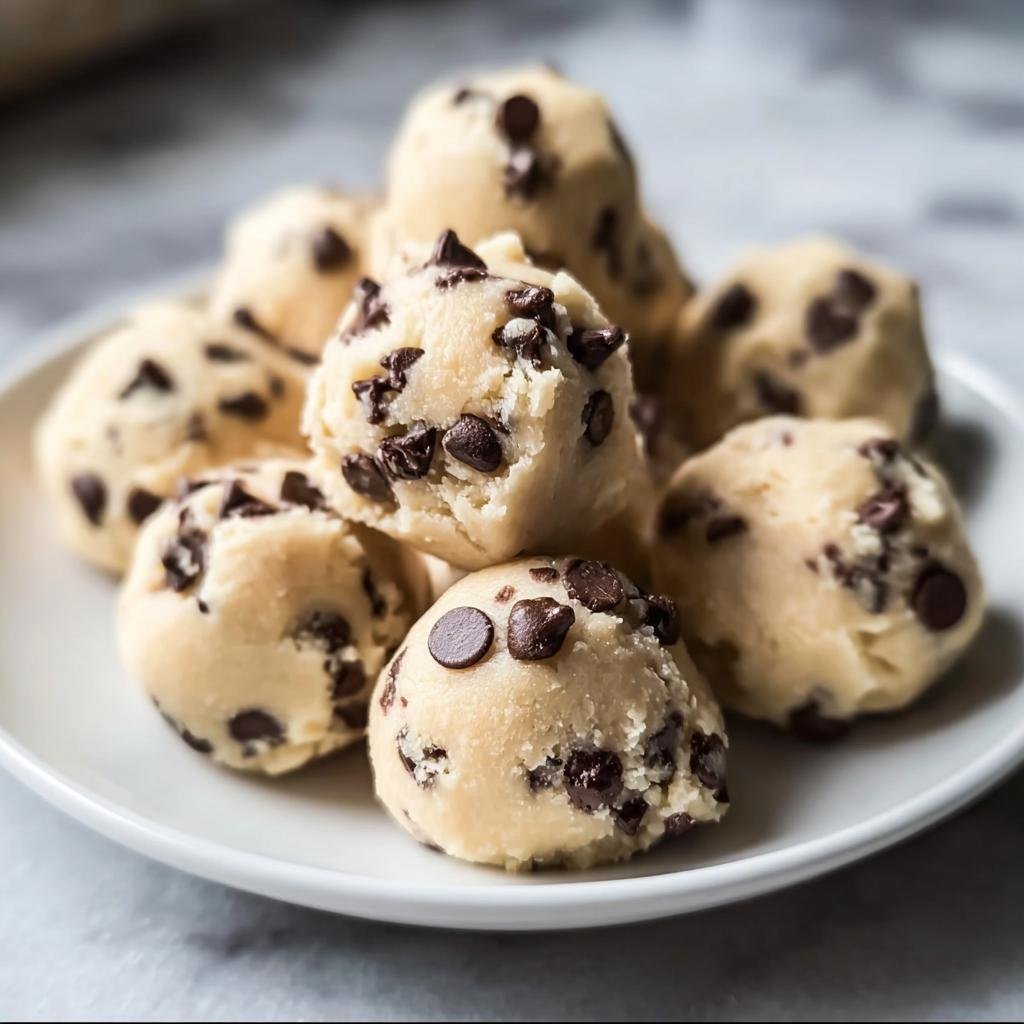 A tempting pile of homemade Cookie Dough Bites on a white plate, ready to be enjoyed.