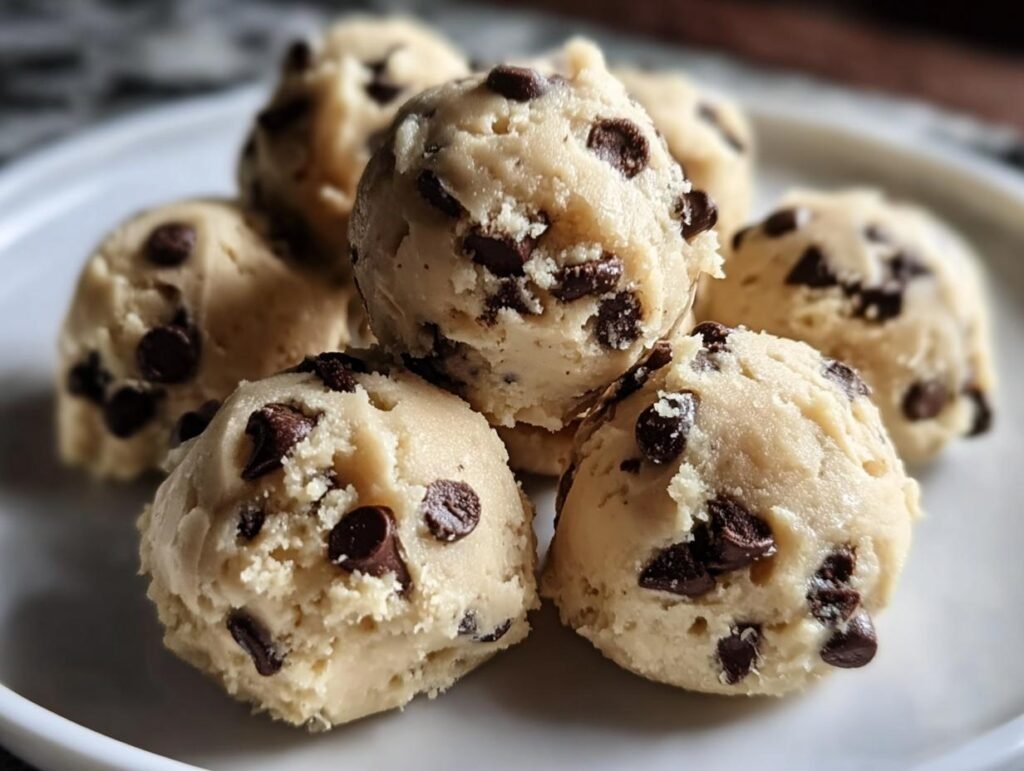 A tempting stack of homemade Cookie Dough Bites with chocolate chips on a white plate.