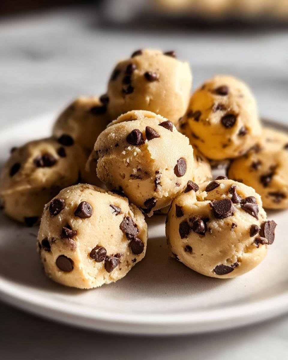 A plate of homemade Cookie Dough Bites with chocolate chips, ready to be enjoyed.