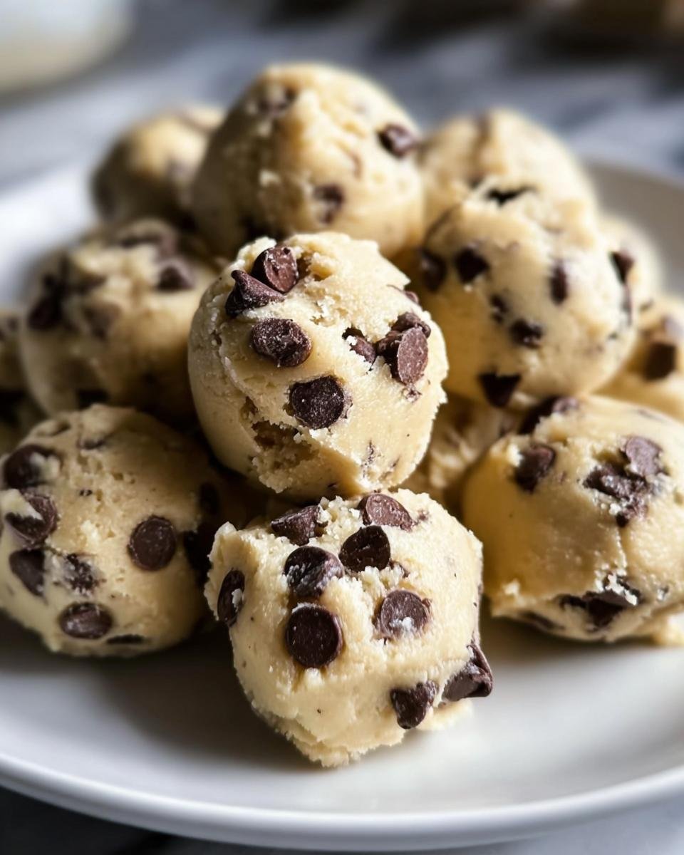 A pile of homemade Cookie Dough Bites with chocolate chips on a white plate, ready to eat.