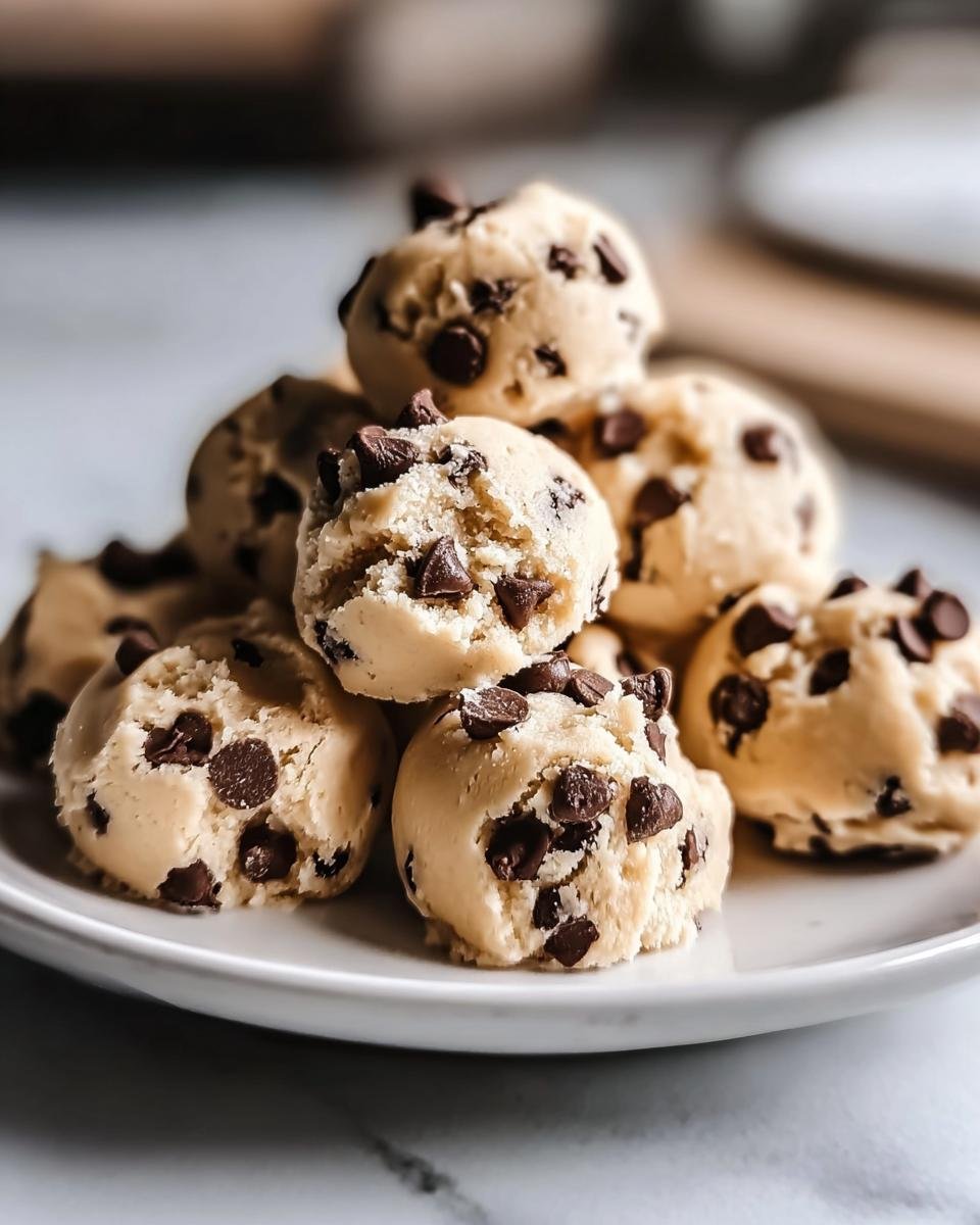 A stack of homemade Cookie Dough Bites with chocolate chips on a white plate, ready to eat.