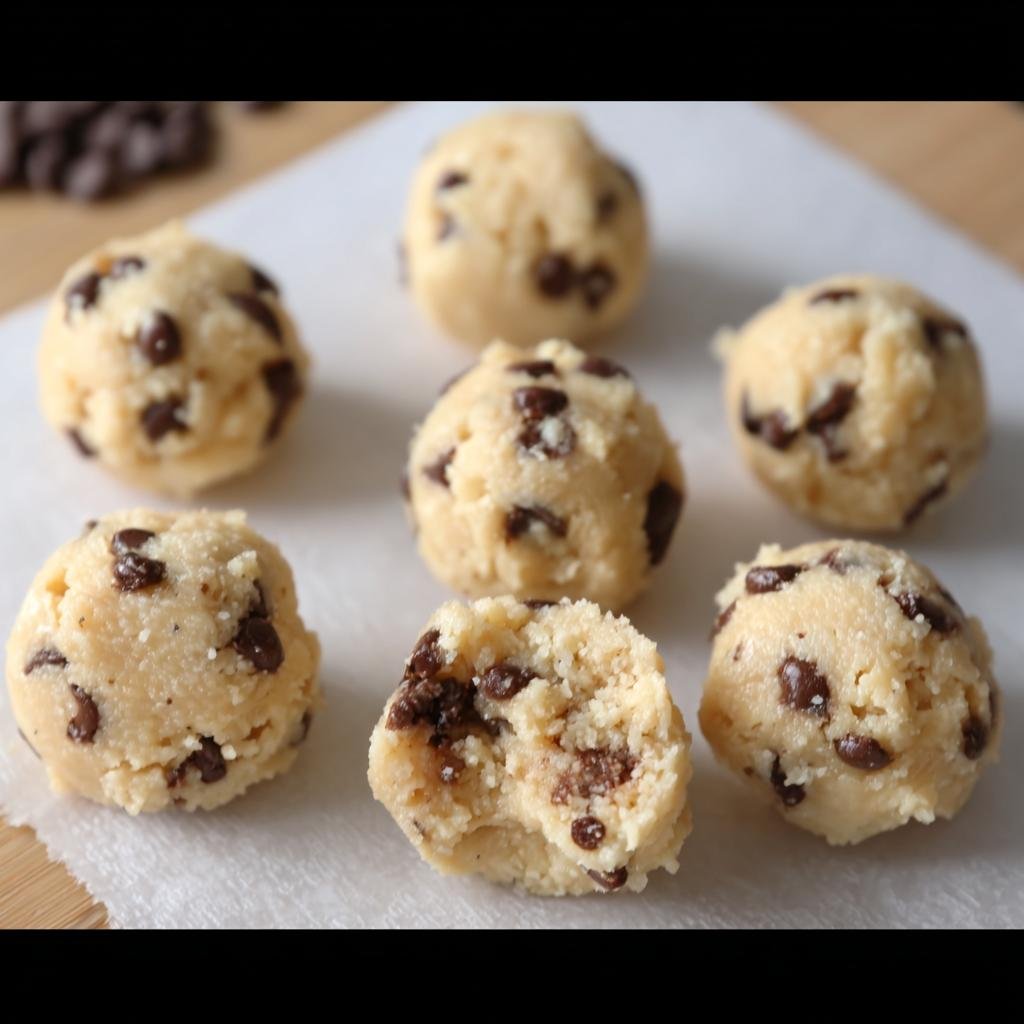Seven Cookie Dough Fat Bombs with chocolate chips on white parchment paper, one with a bite taken.