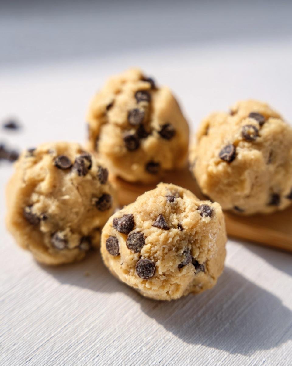 Four cookie dough fat bombs with chocolate chips on a wooden board, ready to eat.