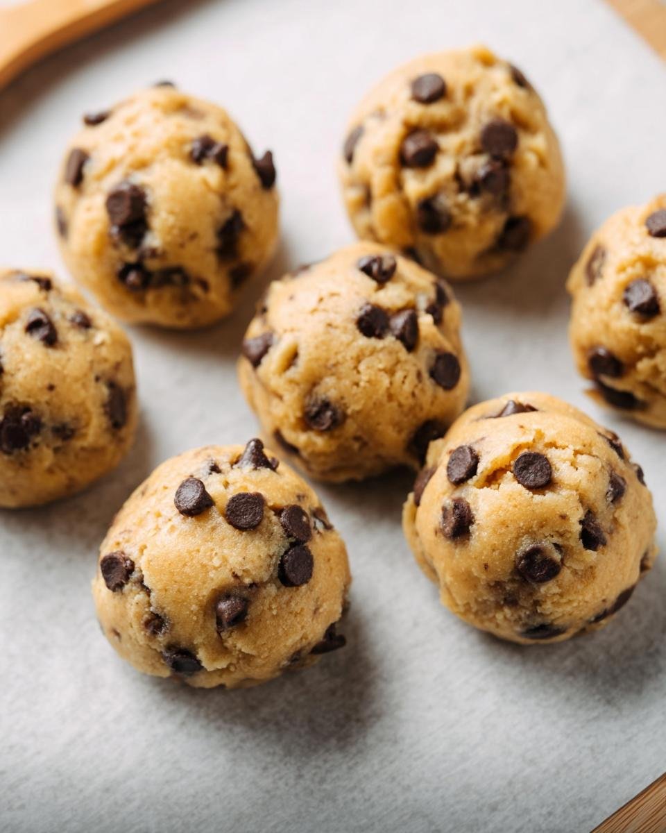 Several Cookie Dough Fat Bombs with chocolate chips, arranged on a white surface.