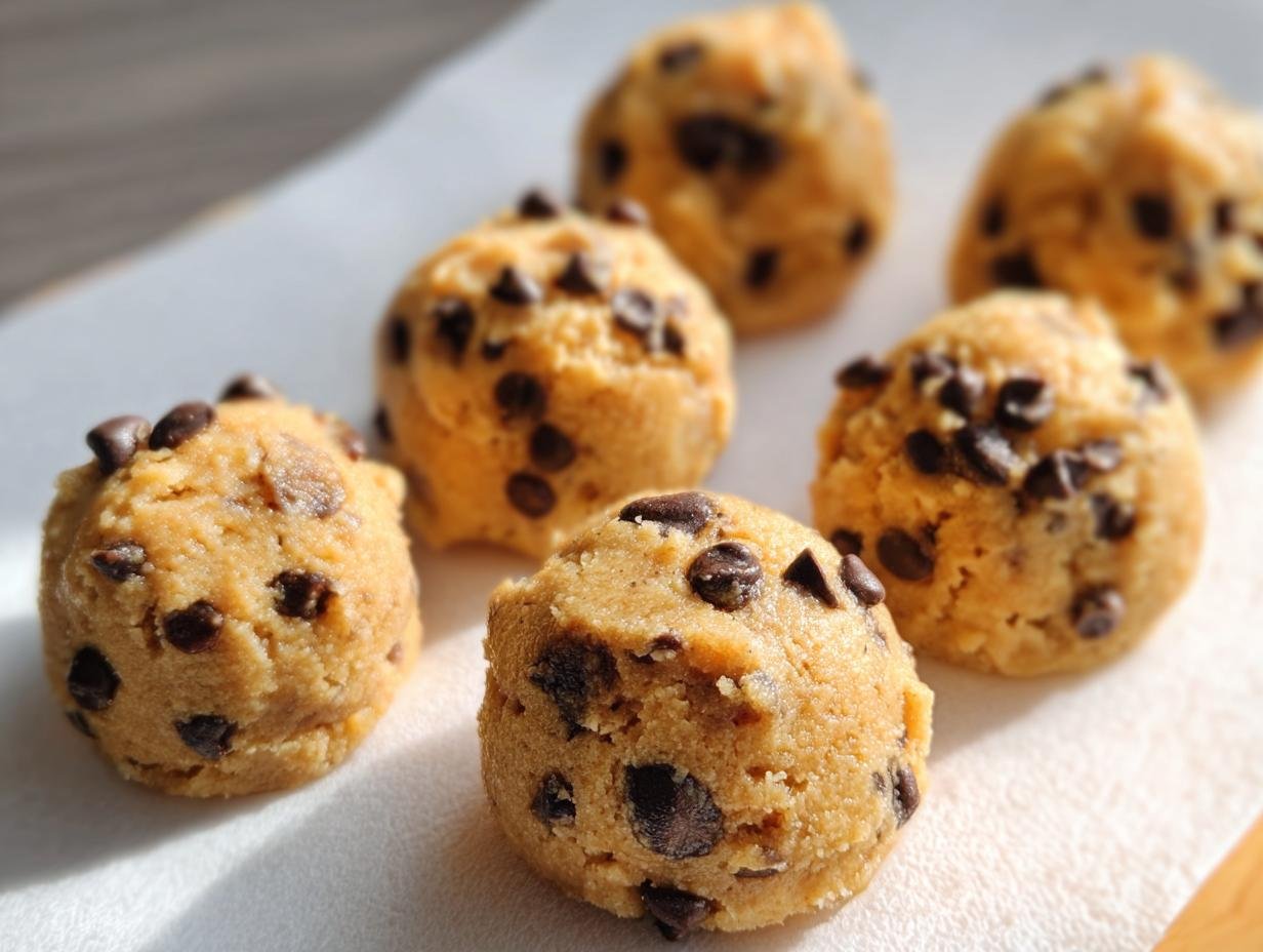 Six Cookie Dough Fat Bombs with chocolate chips sit on a white surface, ready to be enjoyed.