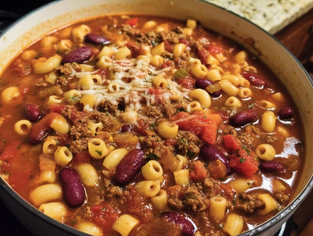 Overhead shot of Copycat Olive Garden Pasta e Fagioli soup in a pot, featuring pasta, beans, and ground beef.