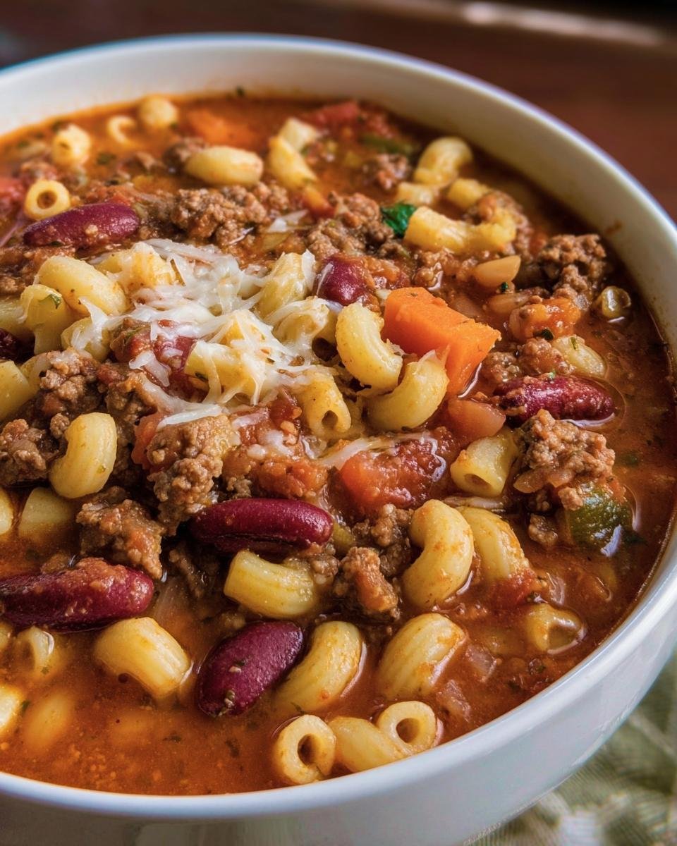 A bowl of Copycat Olive Garden Pasta e Fagioli soup, featuring pasta, beans, ground meat, and vegetables.