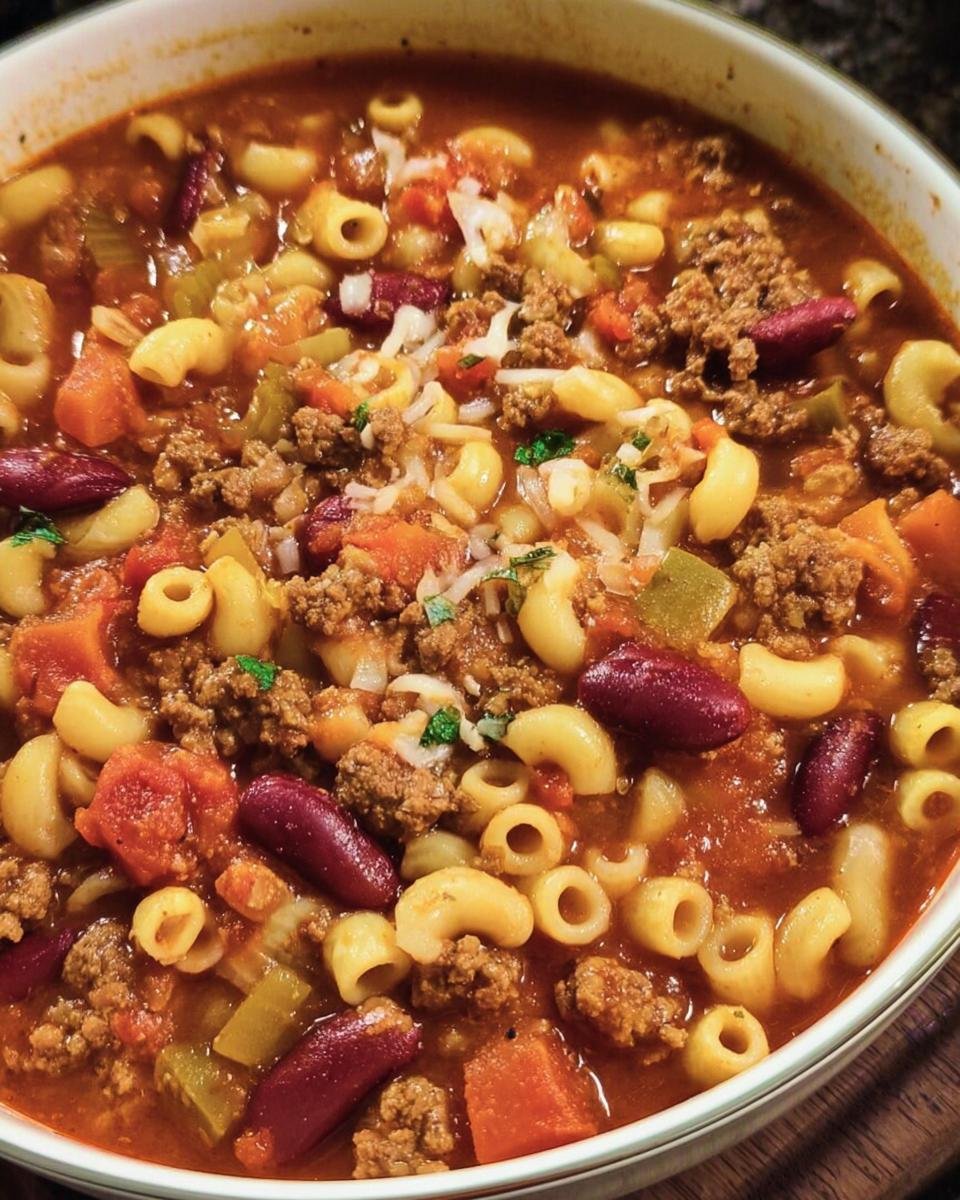 A bowl of hearty Copycat Olive Garden Pasta e Fagioli soup, filled with pasta, beans, ground beef, and vegetables.