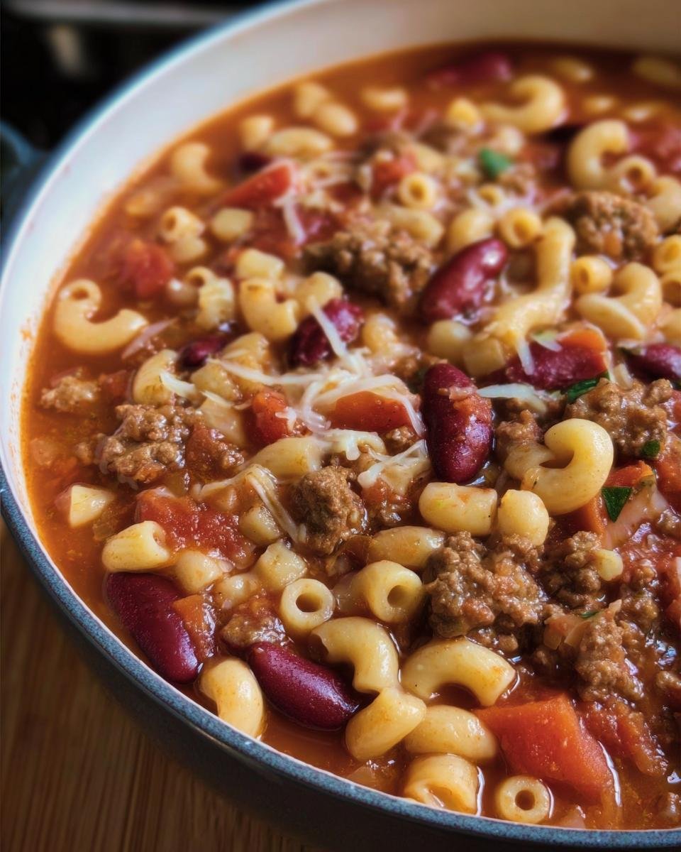 A bowl of Copycat Olive Garden Pasta e Fagioli soup, featuring elbow pasta, kidney beans, ground meat, and tomatoes.