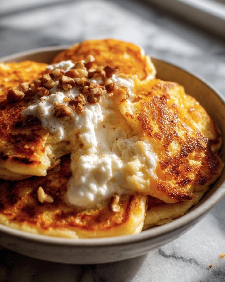 A bowl of golden brown cottage cheese pancakes topped with cottage cheese and chopped nuts.
