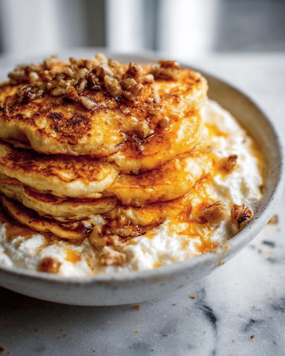 Stack of 150 calorie pancakes made with cottage cheese recipes, topped with syrup and nuts, served with cottage cheese.