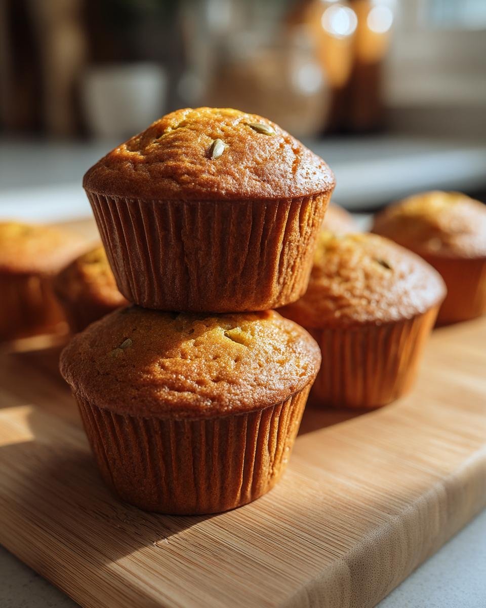 A stack of two cottage cheese pumpkin muffins on a wooden board, with more muffins in the background.