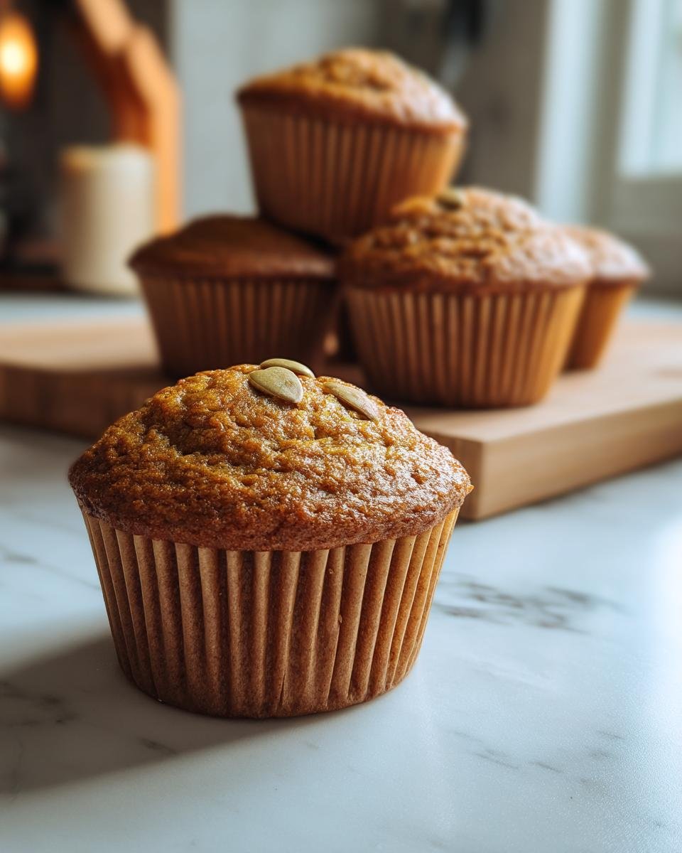 A stack of delicious Cottage Cheese Pumpkin Muffins topped with pumpkin seeds.