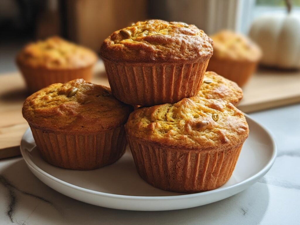 A stack of four golden Cottage Cheese Pumpkin Muffins on a white plate, with more muffins in the background.