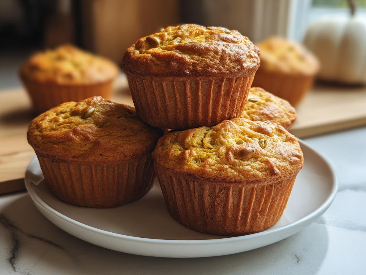 A stack of four golden Cottage Cheese Pumpkin Muffins on a white plate, with more muffins in the background.