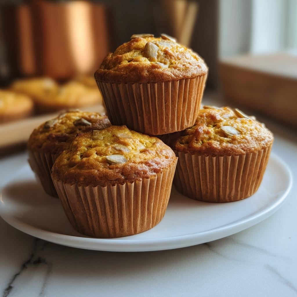 A stack of four Cottage Cheese Pumpkin Muffins on a white plate, topped with pumpkin seeds.