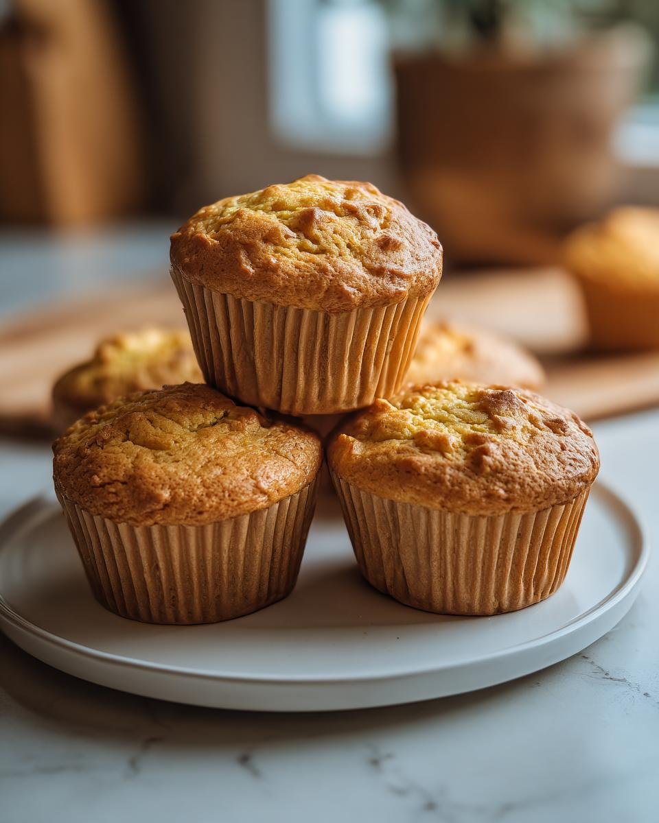 A stack of three golden Cottage Cheese Pumpkin Muffins on a white plate, showcasing their texture and color.