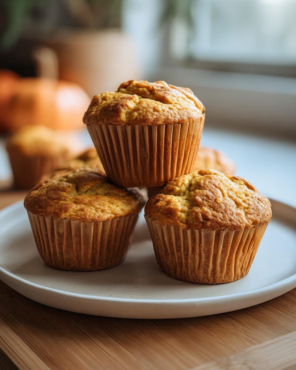 A stack of freshly baked Cottage Cheese Pumpkin Muffins on a white plate, ready to eat.