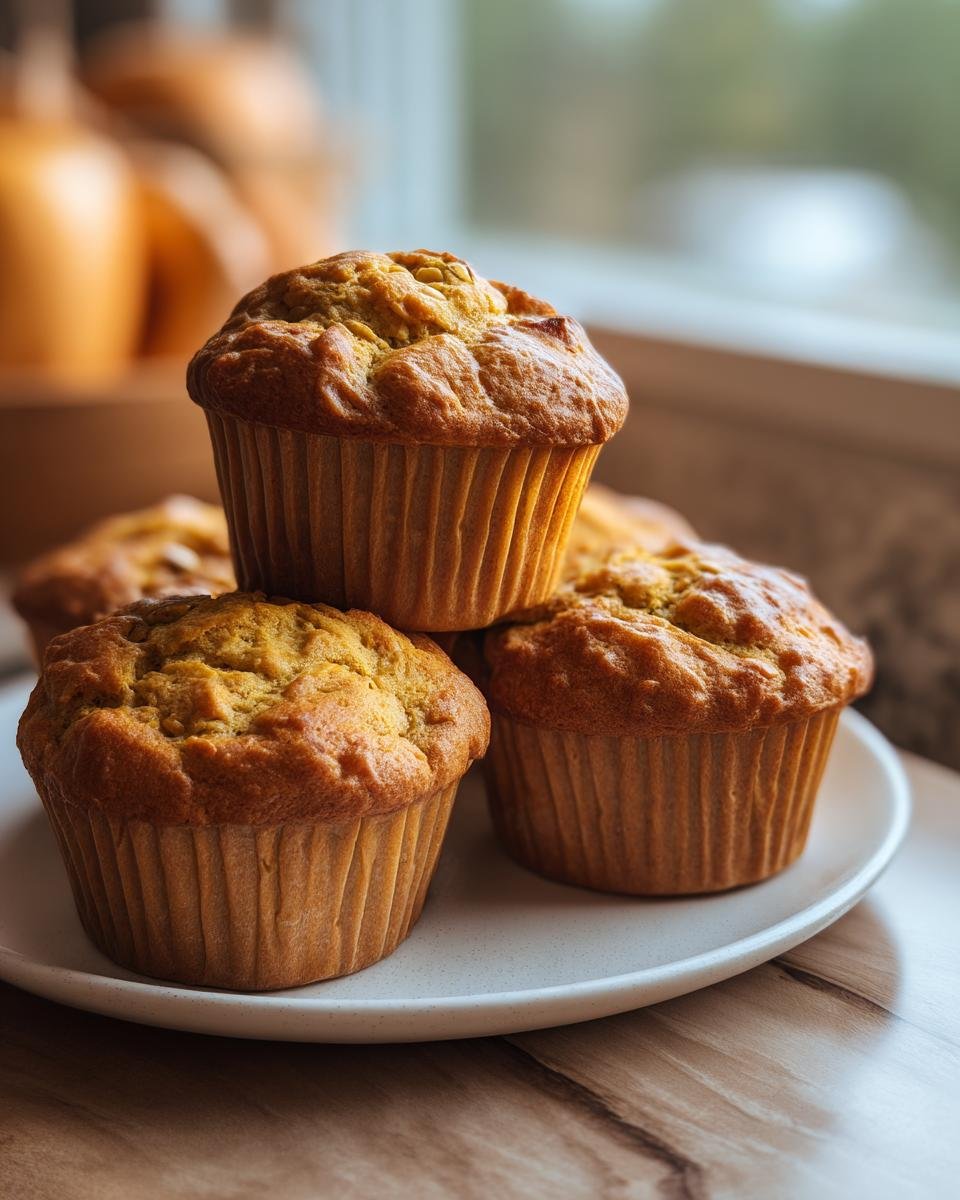 A stack of freshly baked Cottage Cheese Pumpkin Muffins on a white plate, showing their golden-brown tops.