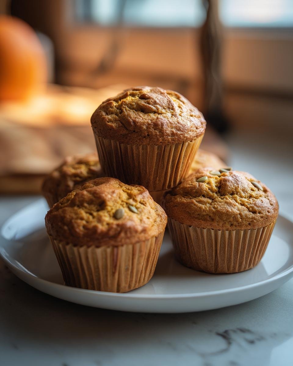 A stack of freshly baked Cottage Cheese Pumpkin Muffins on a white plate, some topped with pumpkin seeds.