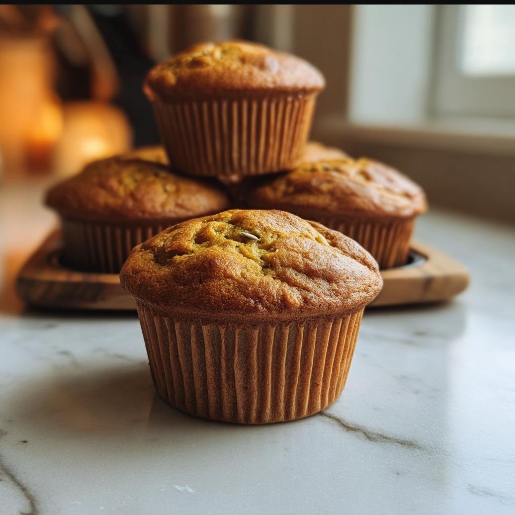 A stack of delicious Cottage Cheese Pumpkin Muffins on a wooden tray, ready to eat.