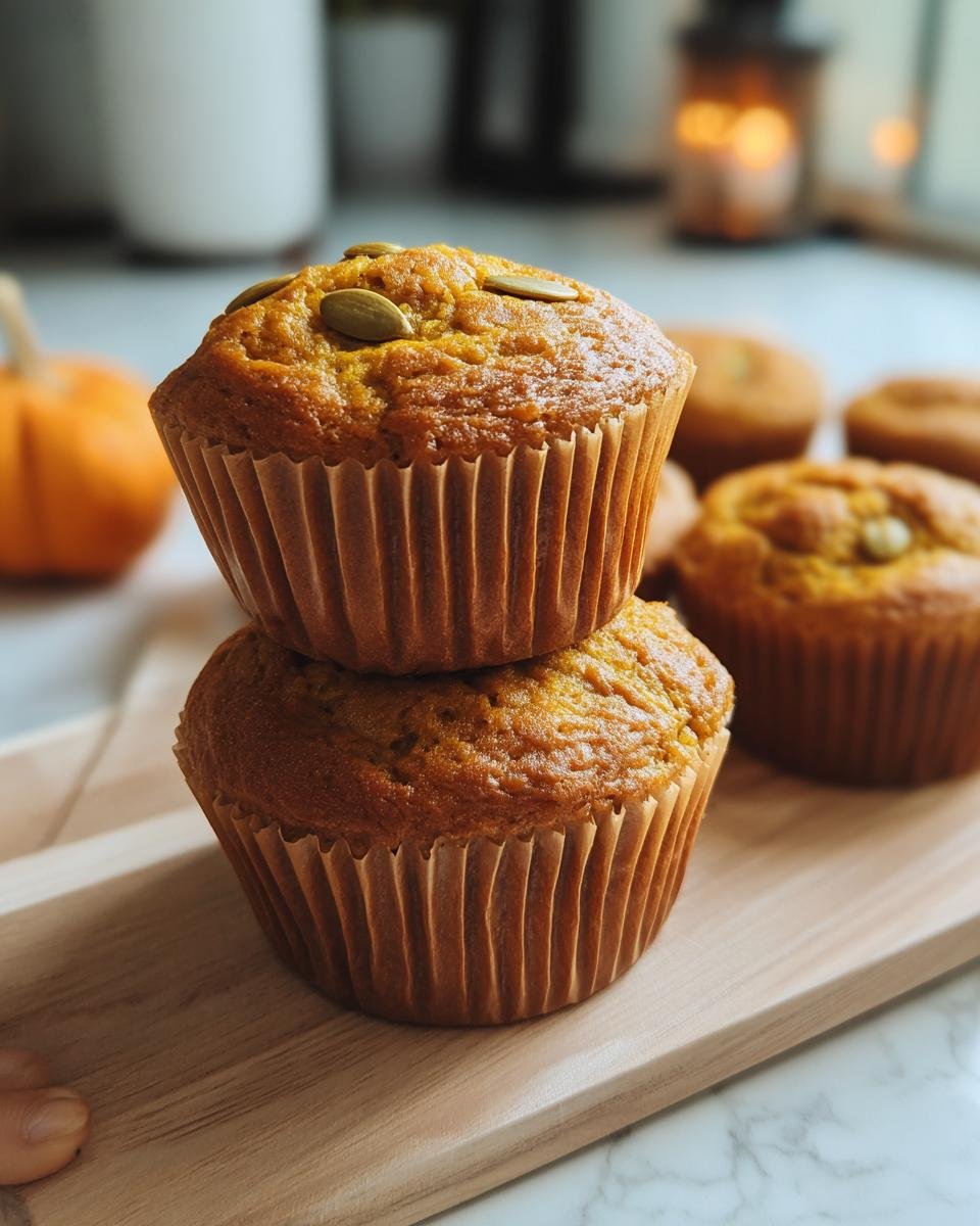 Two Cottage Cheese Pumpkin Muffins stacked on a wooden board, with more muffins and a small pumpkin in the background.