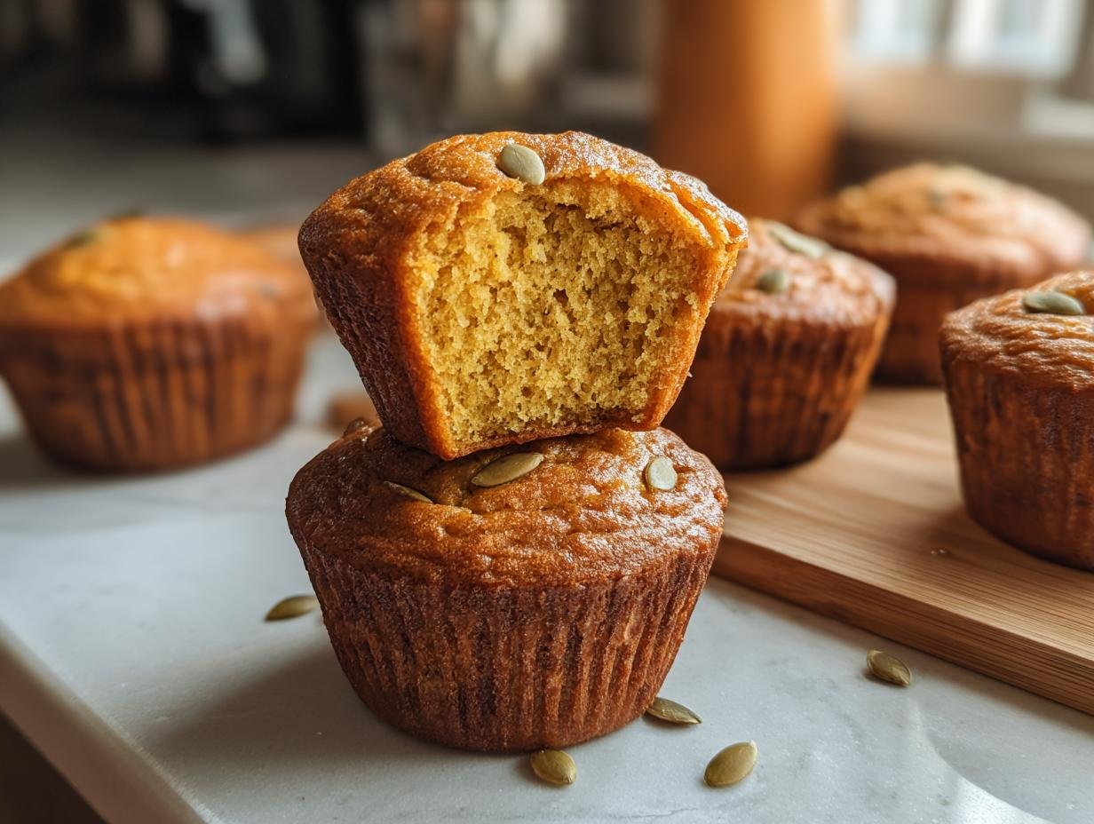 Two stacked Cottage Cheese Pumpkin Muffins, one cut open, topped with pumpkin seeds, with more muffins in the background.
