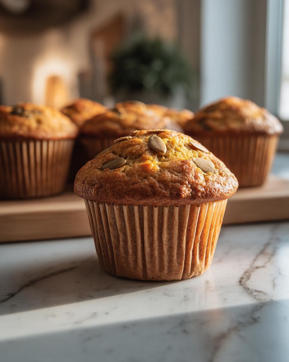 Several cottage cheese pumpkin muffins, topped with pumpkin seeds, sit on a marble surface.
