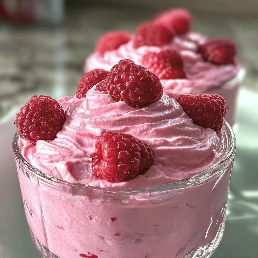 Close-up of a glass bowl filled with Cottage Cheese Raspberry Mousse, topped with fresh raspberries.