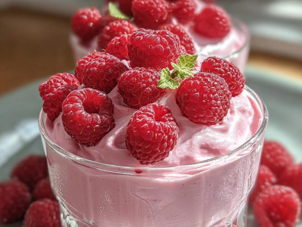 Close up of Cottage Cheese Raspberry Mousse in a glass, topped with fresh raspberries and mint.