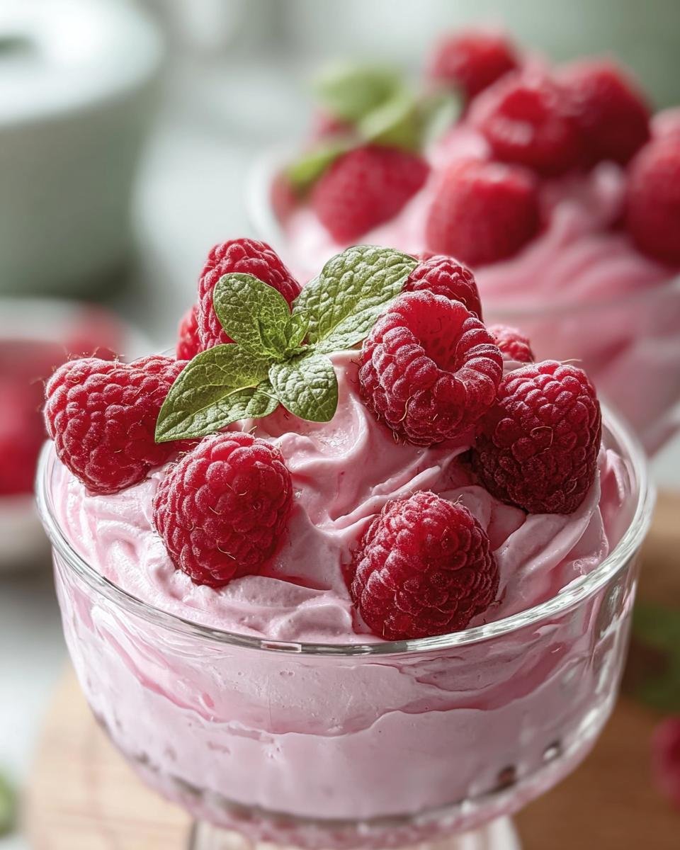 Close-up of a glass bowl filled with Cottage Cheese Raspberry Mousse, topped with fresh raspberries and mint.