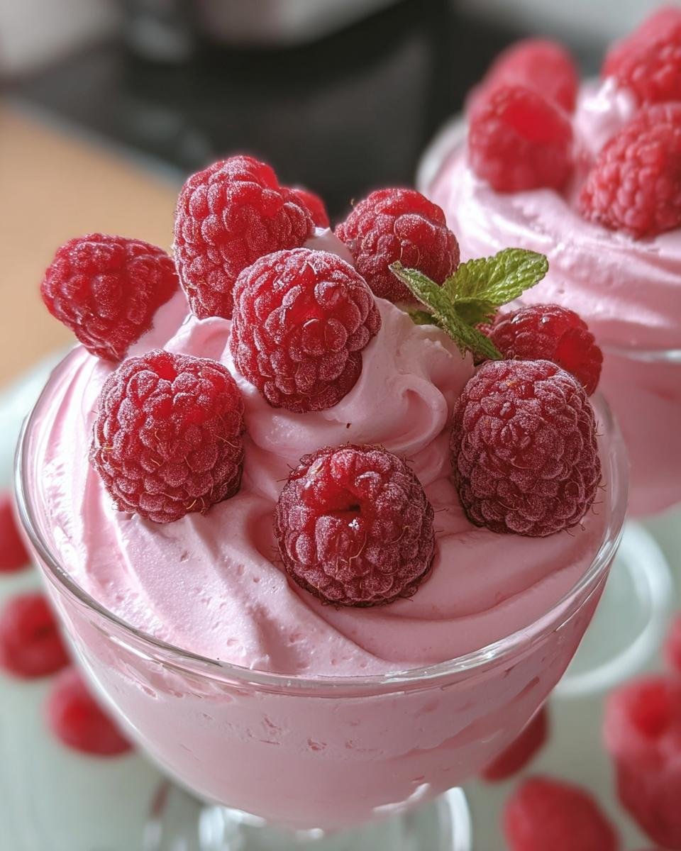 Close-up of a glass filled with Cottage Cheese Raspberry Mousse, topped with fresh raspberries and a mint sprig.