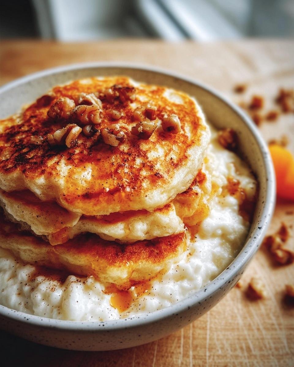 A stack of pancakes made from Cottage Cheese Recipes, topped with walnuts and syrup, served over more cottage cheese.