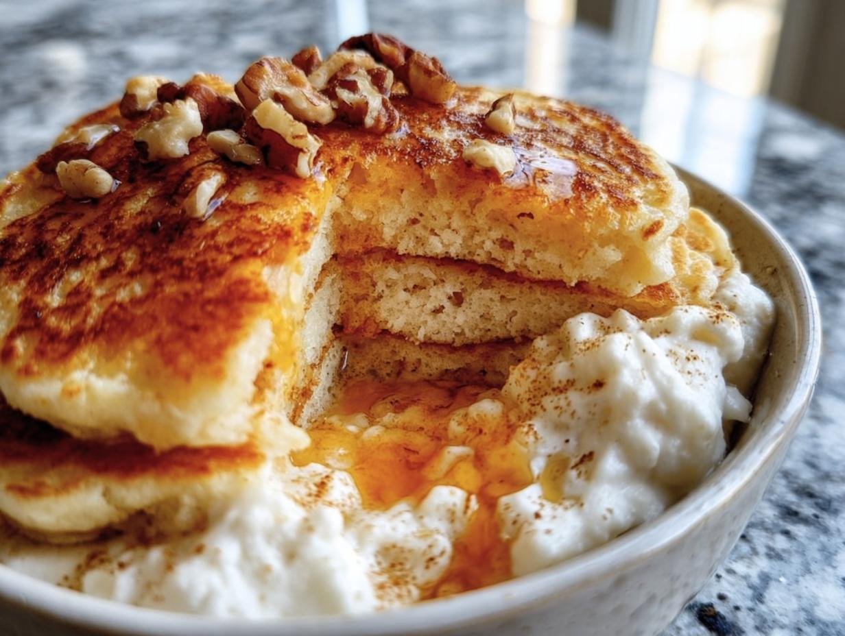 Stack of 150 calorie pancakes made with cottage cheese recipes, topped with walnuts and syrup, served with a side of cottage cheese.