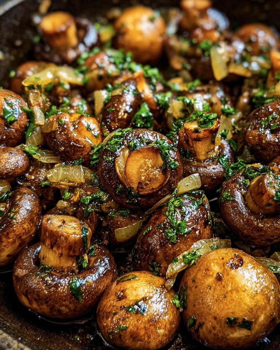Close-up of sauteed Cowboy Mushrooms with caramelized onions and fresh herbs, ready to serve.