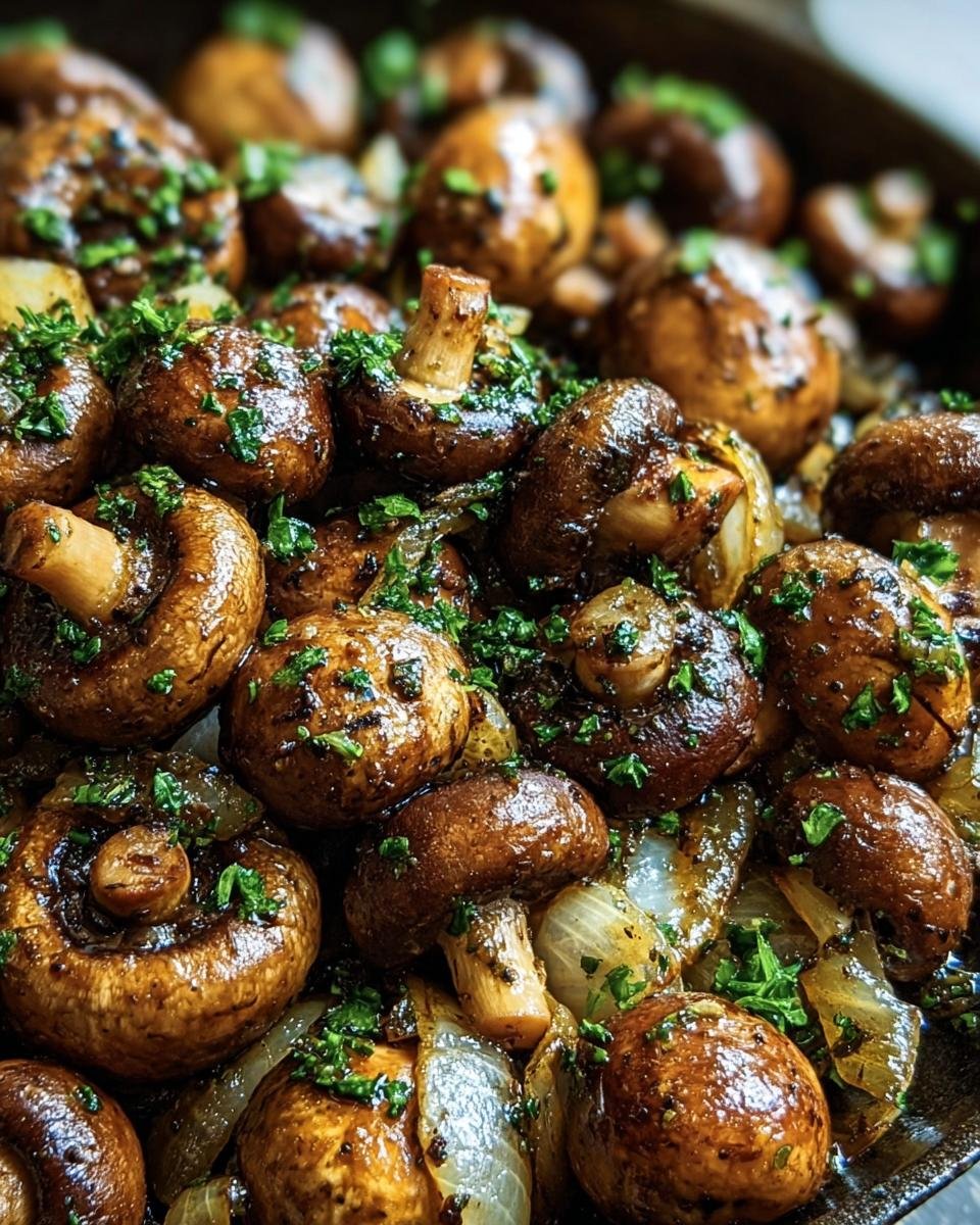 Close-up of savory Cowboy Mushrooms sautéed with onions and garnished with fresh herbs.