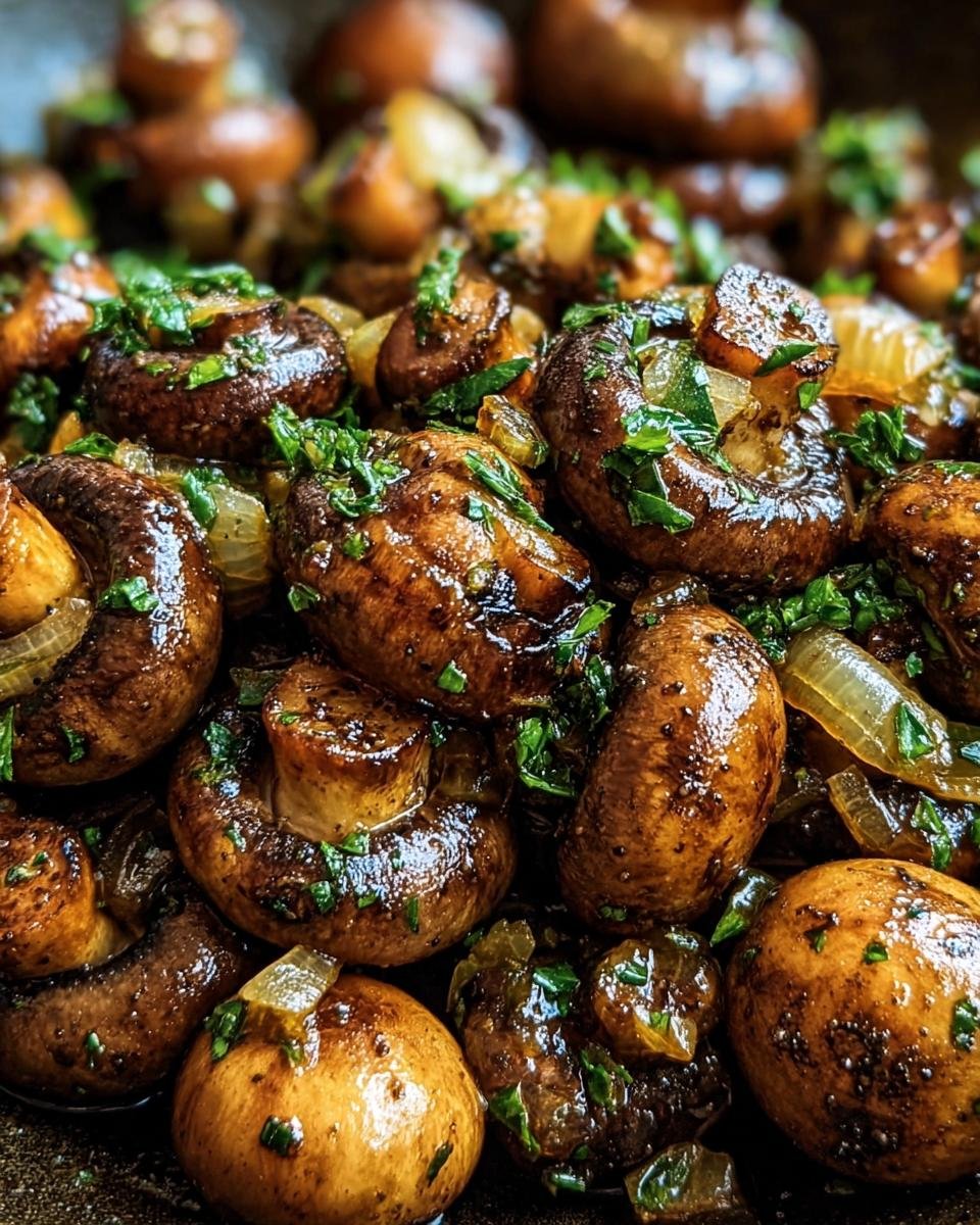 Close-up of sauteed Cowboy Mushrooms with caramelized onions and fresh herbs, glistening with savory sauce.