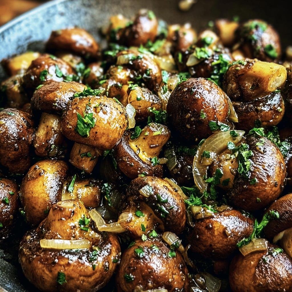 Close-up of savory Cowboy Mushrooms sautéed with onions and garnished with fresh herbs.