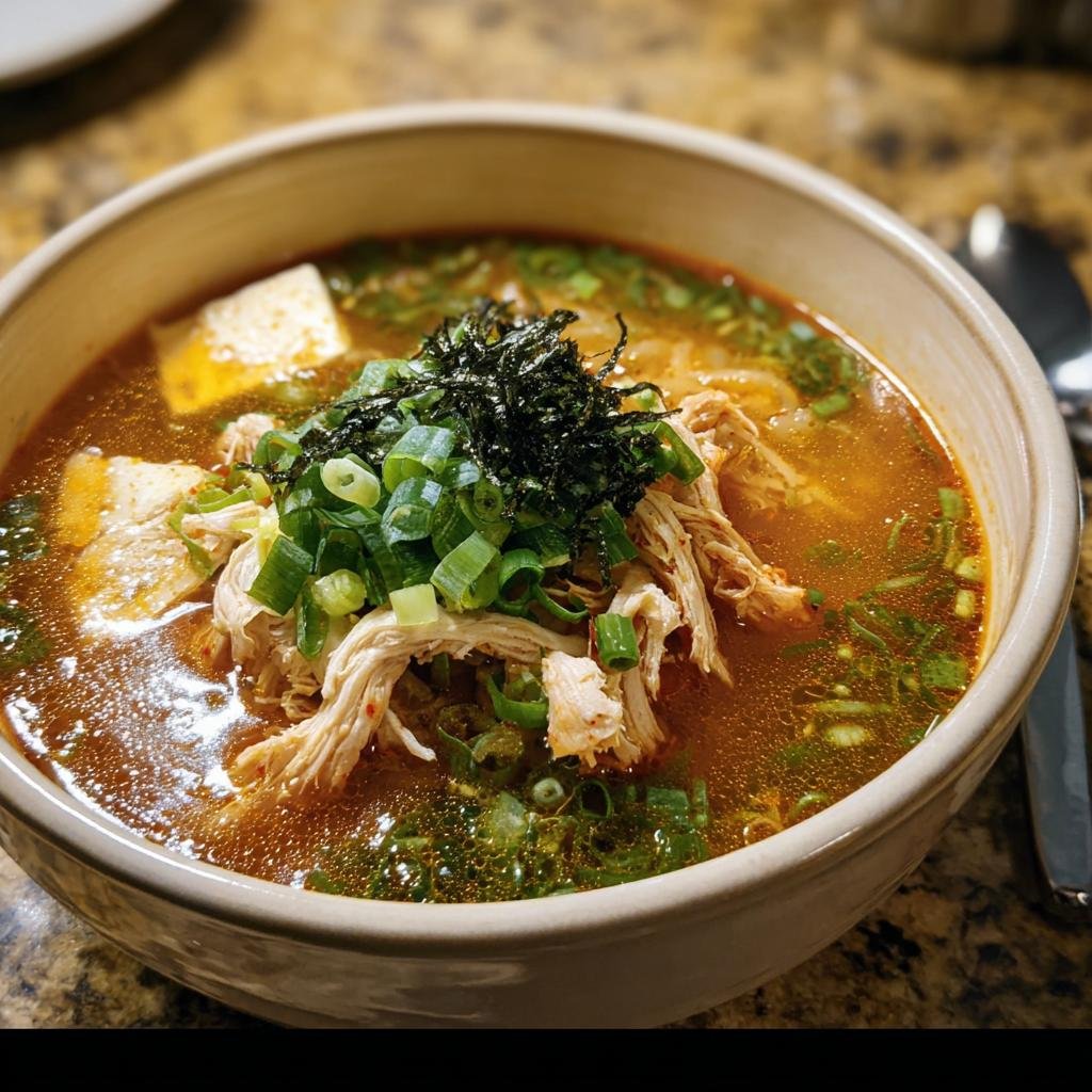 A bowl of Cozy Korean Soups and Stews, featuring chicken, tofu, seaweed, and green onions in a savory broth.