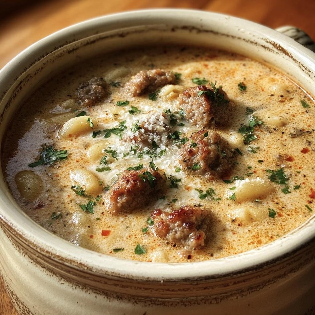 A bowl of Cozy Parmesan Sausage Soup with sausage, pasta, and parmesan, garnished with parsley.