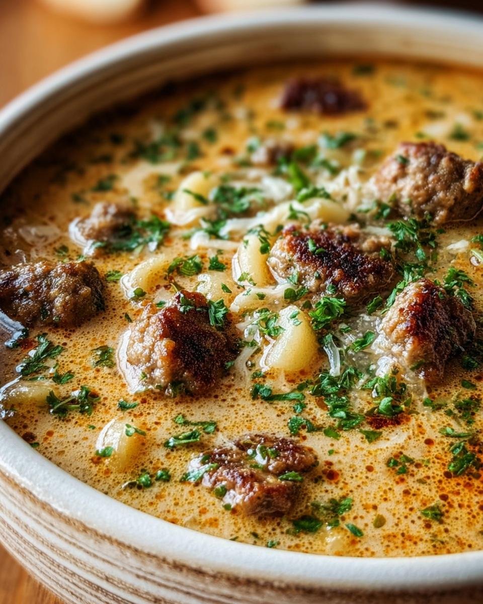 A bowl of Cozy Parmesan Sausage Soup with sausage pieces, herbs, and a creamy broth.